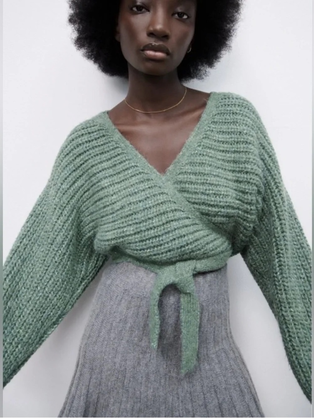 Zara Sage Green Wrap Cardigan Women's Small Cropped Tie Front Knit Open Cottage
